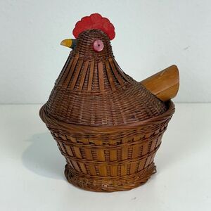 Vintage Chinese Wicker Lidded Rooster Basket